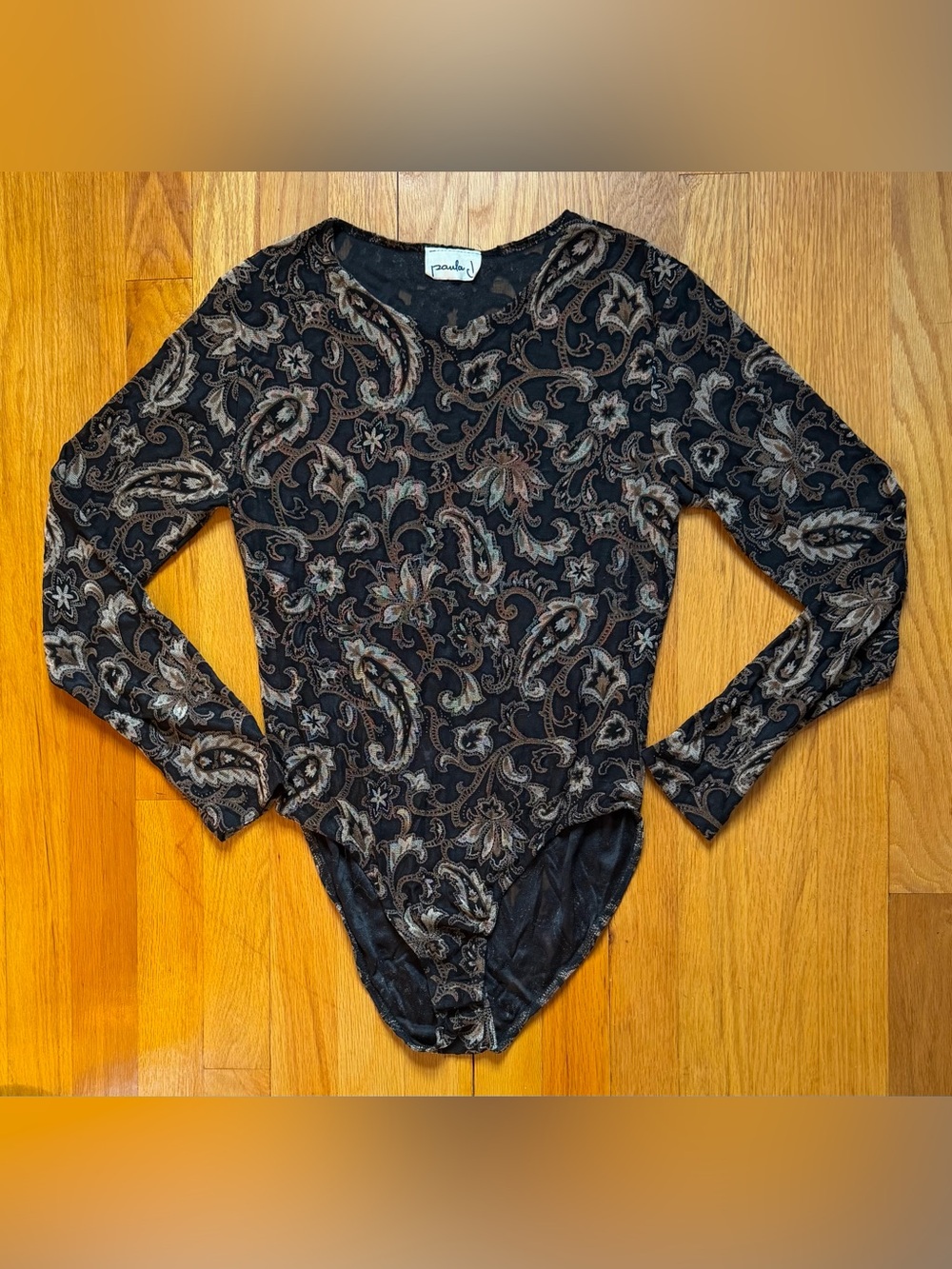 Vintage Paula J Paisley Mesh Long Sleeve Bodysuit Size Medium
